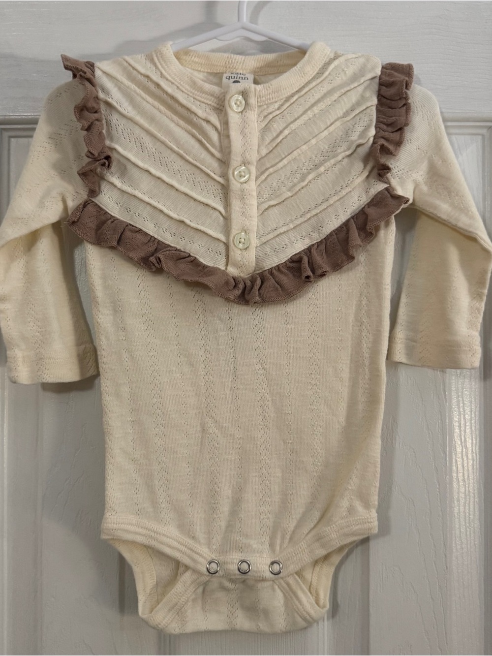 Kate Quinn Cream Pointelle Onesie Brown Ruffles Long Sleeve 100% Organic Cotton